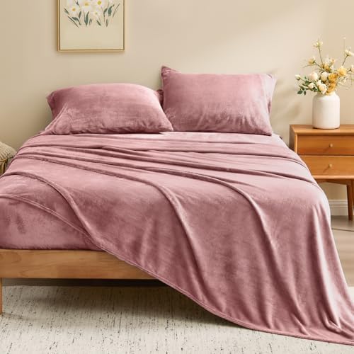 BEDELITE Flannel Sheet Set, California King Size, Dusty Pink, 4 Pieces