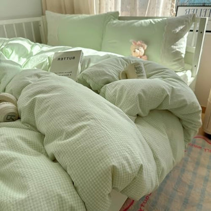VM VOUGEMARKET White Lace Duvet Cover Twin Green Plaid Gingham Duvet Cover with 2 Romantic lace Pillowcases Soft Cozy Grid Bedding Set for Teen Girls