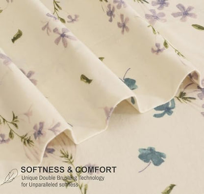 RUVANTI 100% Cotton Flannel Sheets Split King Size, Jasmine Stamp Cream