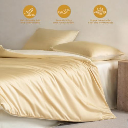 King Size Duvet Cover, 100% Egyptian Cotton,1600 Thread Count, Reversible Duvet Cover, Soft and Breathable Satin Bedding Set, All Seasons (Heathered Butter Yellow, 104"x90")