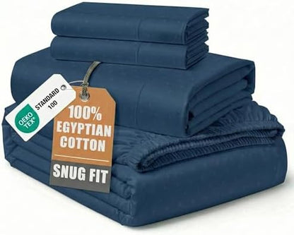 LANE LINEN King Bed Sheets 100% Egyptian Cotton Sateen - Navy Swiss Dot