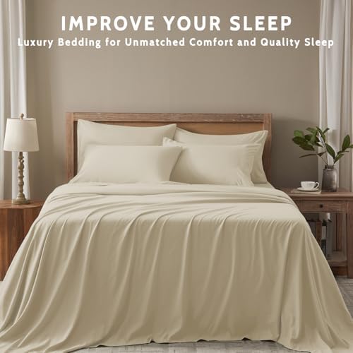 Twin Sheets Set - 4 Piece Soft Microfiber and Wrinkle Free Sheets - Easy Care, Extra Soft, Cooling Sheets - 1 Deep Pocket Fitted Sheet 1 Flat Sheet and 2 Pillowcases (Twin Beige)