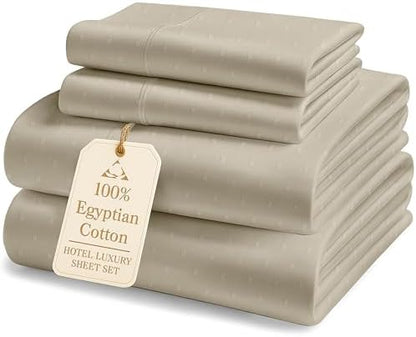 LANE LINEN 100% Egyptian Cotton Queen Sheet Set Sateen - Linen Swiss Dot