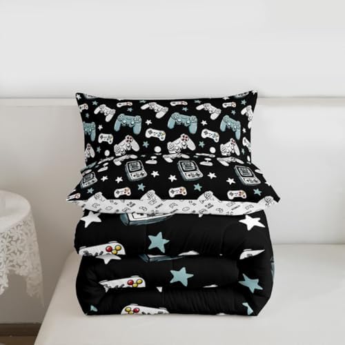 Castle Fairy Gamepad Comforter Set Queen Size,Video Gaming Black Down Alternative Adults Room Decor,Kids Games Consoles Ultra Soft Microfiber Inner Fill 3Pcs Bedding