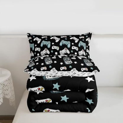 Castle Fairy Gamepad Comforter Set Queen Size,Video Gaming Black Down Alternative Adults Room Decor,Kids Games Consoles Ultra Soft Microfiber Inner Fill 3Pcs Bedding