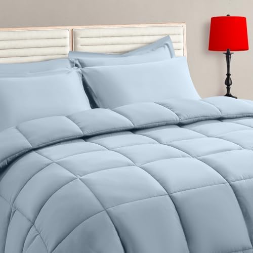 TAIMIT Light Blue Queen Size Comforter Set - 7 Pieces, Bed in a Bag Bedding Sets with All Season Soft Quilted Warm Fluffy Reversible Comforter,Flat Sheet,Fitted Sheet,2 Pillow Shams,2 Pillowcases
