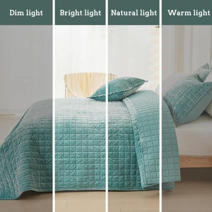 Quilt Set Queen Size 90x98 Luxurious Velvet Bedding Sets with 2 Pillow Shams 20x26 3 Pieces Ultra Soft Quilted Bedspread Coverlet Comforter for All Season,Aqua Green