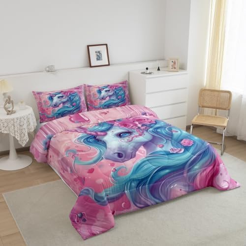 Castle Fairy Unicorn Comforter Sets Full Size Cartoon Unicorn Bedding Set for Kids Girls Boys Bedroom Soft Reversible Kawaii Rose Flower Pattern Cute All Season Quilt Set with 2 Pillowcases Pink Blue