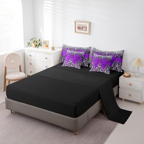 Erosebridal Purple Bowknot Bed in a Bag King Size Comforter Set 7 Pieces,Kawaii Bow Knot Sheet Set,Silk Ribbon Bedding Set,Glitter Sequin Print Diamond Bed Set Dreamy Princess Style Cute Dorm Decor