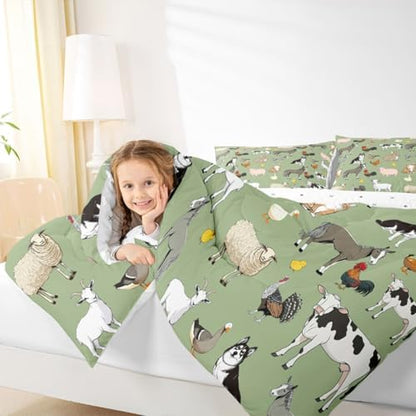 Feelyou Green Farm Animal Comforter Set Toddler Size Cute Animal Bedding Set for Kids Boys Girls Farm Theme Duvet Quilt Cartoon Bedroom Decor 2 Pcs with 1 Pillow Cases