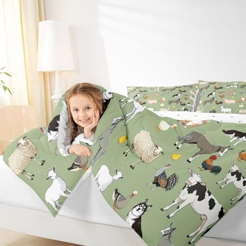 Feelyou Green Farm Animal Comforter Set Toddler Size Cute Animal Bedding Set for Kids Boys Girls Farm Theme Duvet Quilt Cartoon Bedroom Decor 2 Pcs with 1 Pillow Cases