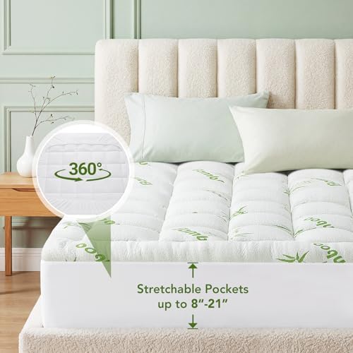 Full Size Mattress Topper Viscose Made from Bamboo, Extra Thick Quilted Pillow Top, Naturally Cooling & Breathable for Hot Sleepers, Back Pain Relief, Deep Pocket Skirt Fits 6-18", Green