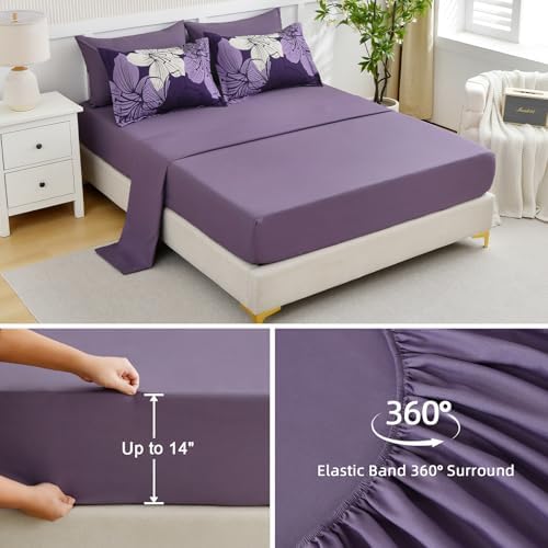 Dark purple Comforter Set Queen Size, 7 Pieces Floral Bed in a Bag