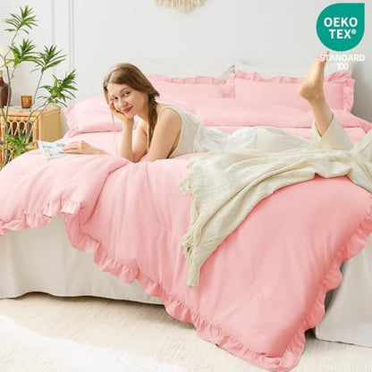 FUANNA Pink King Size Comforter Set, Ruffle Bedding Set, 3 Pieces Bed Set