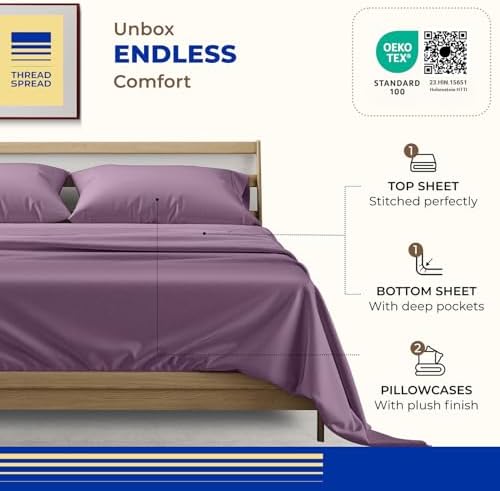 THREAD SPREAD California King Bed Sheets, Luxury 1000 Series Paradise Collection 100% Egyptian Cotton Cal King Sheets Set (4 PC, Plum), Silky Soft, Cooling, 16" Deep Pocket Hotel Sheet Set