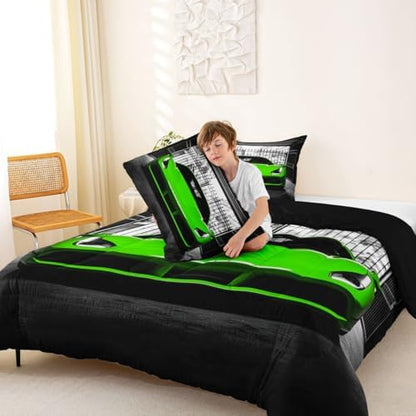 Feelyou Boys Green Race Car Comforter Set Twin Size Green Luxury Car Bedding Set for Kids Boys Girls Extreme Sports Duvet Quilt Fast and Furious Bedroom Decor 2 Pcs with 1 Pillow Cases