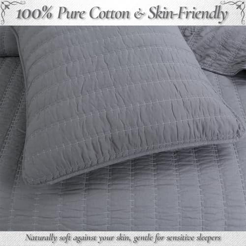 Cozy Line Home Fashions 100% Cotton 3-Piece Charcoal Gray Solid Classic Modern Quilted Bedspread with Shams, Lightweight All Season Modern Bedding (Channel Gray, Queen)