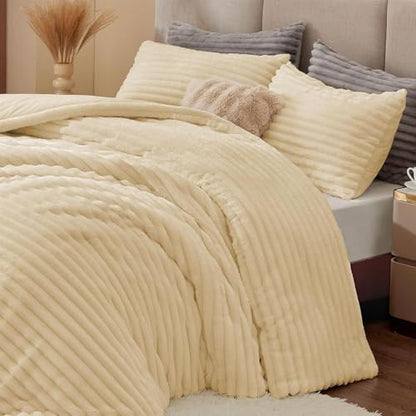 BEDELITE Fleece Full Comforter Set, Fluffy Bed Set, Beige