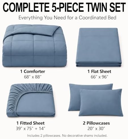 CozyLux Twin Comforter Set Dusty Blue - 5 Pieces Bed in a Bag