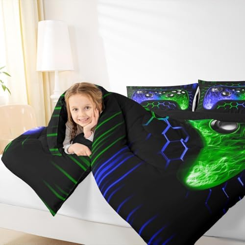 Erosebridal Ombre Art Honeycomb Gamer Comforter Sets for Boys Blue Green Neon Lights Game Console Queen Bedding Sets Geometric Hexagon Beehive Duvet Insert Gaming Decor for Boys Bedroom Decor