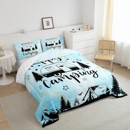 Manfei Happy Camping Camper Kids Comforter Set Queen Size,Star Pine Tree Mountain Bedding Set,Girls Boys Room Decor,Rustic Farmhouse Cabin Quilt Comforter,Blue Country Duvet Insert,2 Pillowcases