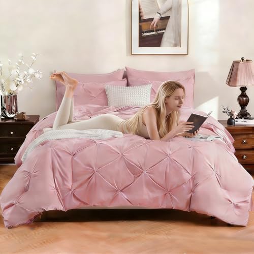 DOWNCOOL Queen Comforter Set, 7 Pieces Pink Pintuck Bed in a Bag