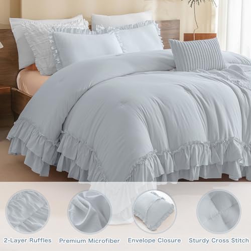 Masaca Ruffle Comforter Full Size,3 Pieces Farmhouse Shabby Boho Chic Full Bedding Set,Vintage Ruffled Rustic Light Blue Bedding Comforter Set for All Season