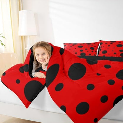 Cute Ladybug Kids Comforter Set Full Size,Geometric Polka Dot Patchwork Abstract Bedding Set,Girls Boys Room Decor,Ladybird Beetle Insect Quilt Comforter,Red Black Chic Duvet Insert,2 Pillowcases