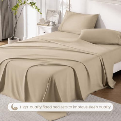 Sand Color King Size Sheet Set, Pre-washed Microfiber Cotton-Like 4 Pcs Ultra Soft Bedding Set King, Breathable Cooling Skin-Friendly All Seasons, 1 Fitted, 1 Flat, 2 Pillowcases (Sand, King)