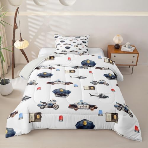 Feelyou Police Car Comforter Set Twin Size Policeman Vehicle Bedding Set for Kids Boys Girls Aircraft Cartoon Car Duvet Quilt Bedroom Decor Microfiber 2 Pcs with 1 Pillow Case