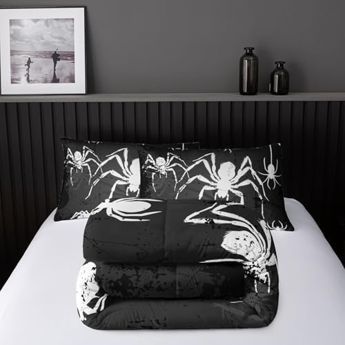 Nttopship Boys Spider Printed Comforter Set Bed in A Bag King Size 3PCS Black Bedding Set Cool White Spider Bedding Set Girls Boys Bedroom Decor with 2 Pillowcases, Lightweight All Season