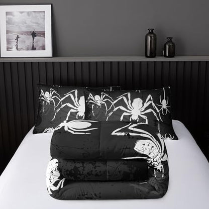 Nttopship Boys Spider Printed Comforter Set Bed in A Bag King Size 3PCS Black Bedding Set Cool White Spider Bedding Set Girls Boys Bedroom Decor with 2 Pillowcases, Lightweight All Season