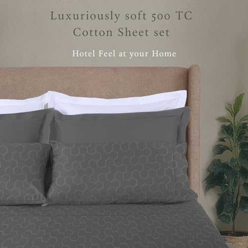 Threadmill 500 Thread Count Queen Size 4 Pc Luxury Cotton Bedding Sheets, Jacquard Floria Dark Grey, Silky Smooth Sheets with 16" Elasticized Deep Pocket, 2 Pillowcases & Free Tote Bag