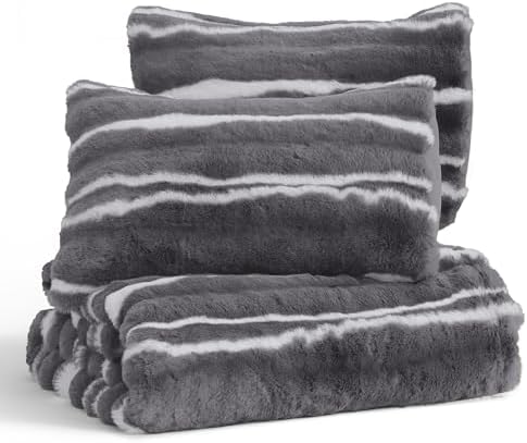Wonderful 3 Pieces Fluffy Faux Rabbit Fur Comforter Set King Size, Dark Gray Plush Fuzzy Bedding Set, Animal Stripes Design Warm Soft Comforter Bedding Set for All Season,104"x94"