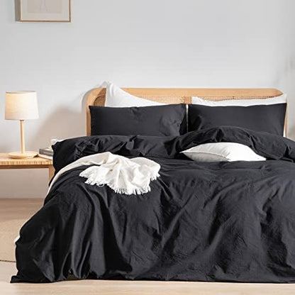 BESTOUCH Cotton Solid Duvet Cover Set Linen Feel Deep Black Super King Plus