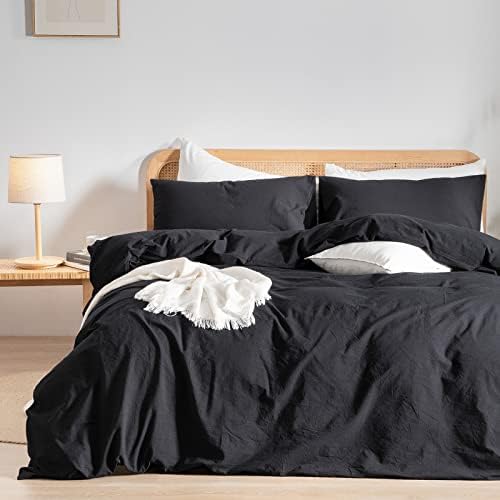 BESTOUCH Cotton Solid Duvet Cover Set Linen Feel Deep Black Super King
