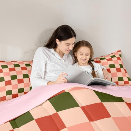 Feelyou Checkered Geometric Bedding Set for Boys Girls Pink Green Red Plaid Comforter Set Twin Size Checkerboard Modern Aesthetic Duvet Quilt Reversible Pink Bedroom Decor 2 Pcs with 1 Pillow Cases
