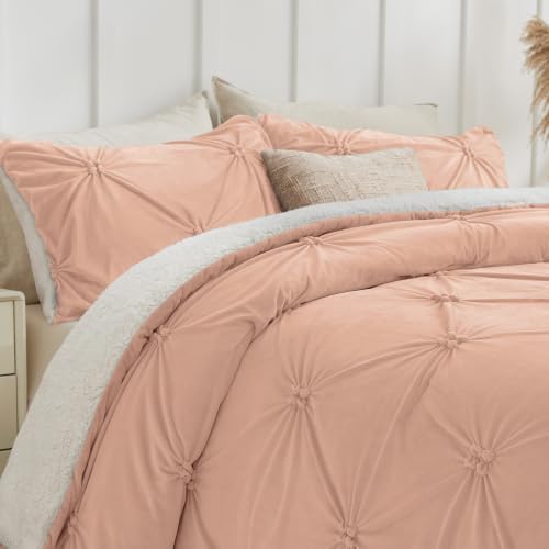 BEDELITE Fluffy Sherpa Queen Comforter Set,Pintuck-Dusty Pink