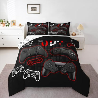 Video Gampad Comforter Set King Size,Video Games Bedding Set 3pcs for Kids Teens Boys Gamer Room Decor,Gaming Equipment Quilt Set Black Modern Grid Quilted Bedspread 2 Pillowcases,Black Reversible