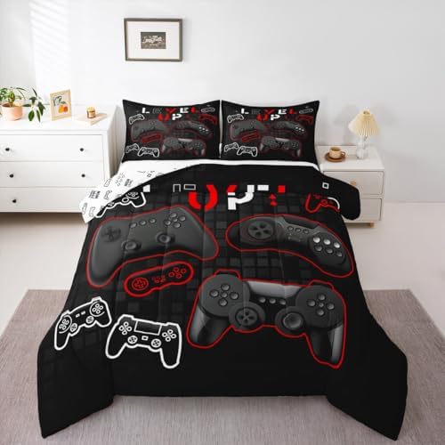 Gamepad Gaming Comforter Set Twin Size,Video Games Bedding Set 2pcs for Kids Teens Boys Girls Gamer Room,Gaming Equipment Duvet Insert Colorful Buttons Quilted Duvet Set with 1 Pillowcase,Black