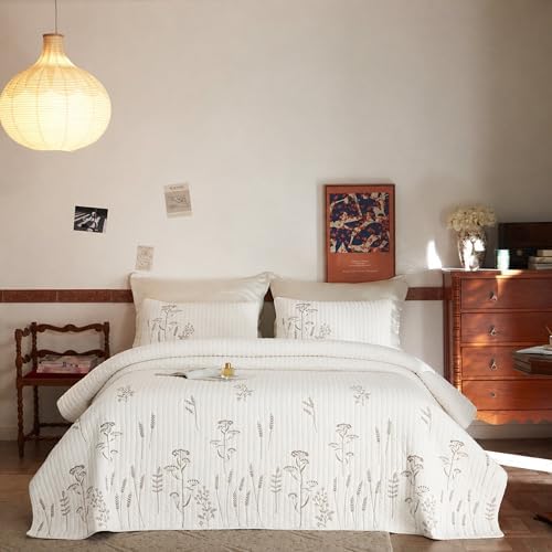 MarCielo 3pcs Cotton Floral Quilt Set, White Floral