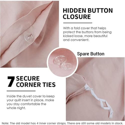 Simple&Opulence 100% Linen Duvet Cover Set 3pcs Basic Style Natural French Washed Flax Solid Color Soft Breathable Farmhouse Bedding with Button Closure - Blush Pink, Full