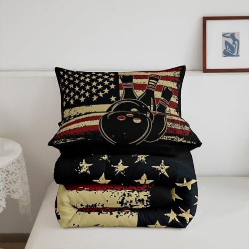 Erosebridal American Flag Bedding King Black Bowling Print Comforter 3pcs Kids Sports Gaming Bedding Comforter Sets for Boys Bowling Quilt Retro Stripes Bedroom Set for All Seasons with 2 Pillowcase
