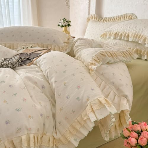 VM VOUGEMARKET Flower Duvet Cover Set Queen Romantic Ruffles Lace Bedding Set Soft Muslin Cotton,Breathable Linen Like Gauze Comforter Cover with Zipper Closure 90"x90"