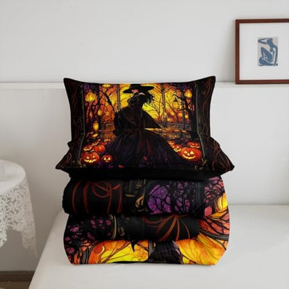 Fairy Witch Kids Comforter Set King Size,Halloween Pumpkin Lantern Lamp Gothic Retro Bedding Set,Girls Boys Room Decor,Branch Dead Magical Quilt Comforter,Trippy Chic Duvet Insert,2 Pillowcases