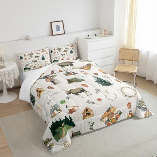 Homewish Cartoon Camper Bedding Set Queen Size Jungle Adventure Travel Comforter Set Wild Elk Animals Mountain Trees Quilt Set for Kids Boys Teens Men Bedroom Decor Happy Camping Duvet Insert 3pcs