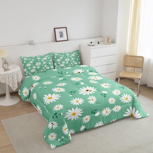 Homewish Daisy Flowers Children Comforter Set,Daisy and Bee Bedding Set for Women Girls,Adults Soft Green and White Comforter,Kids Spring Floral Quilted Duvet Set Bedroom Collection King Size 3Pcs