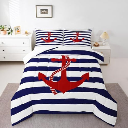 Castle Fairy Kids Nautical Anchor Comforter Set Full Size,Navy Blue Stripes Bedding Sets 3pcs Ocean Adventure Theme Quilted Duvet for Teens Men Bedroom Decoration,Modern with 2 Pillowcases