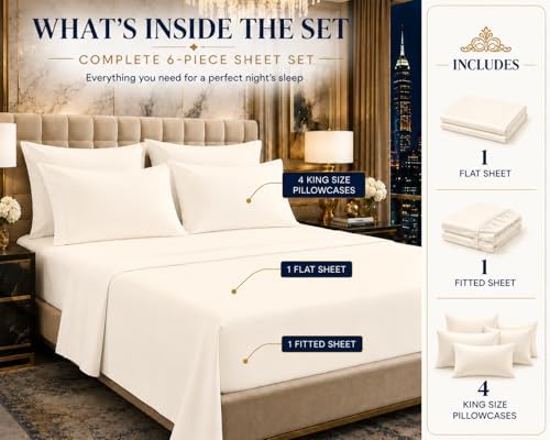 100% Egyptian Cotton Bed Sheets-Cal King 6PC Fits Up to 16" Mattress,Ivory