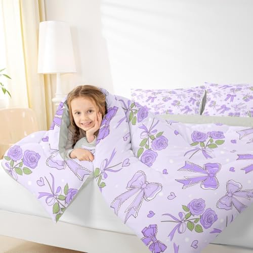 Castle Fairy Purple Bowknot Comforter Set Full Size,Romantic Rose Duvet Sets for Kids Teens Adults Bedroom Decor,Retro Farmhouse Purple Floral Ultra Soft Bedding Comforter,3 Pcs